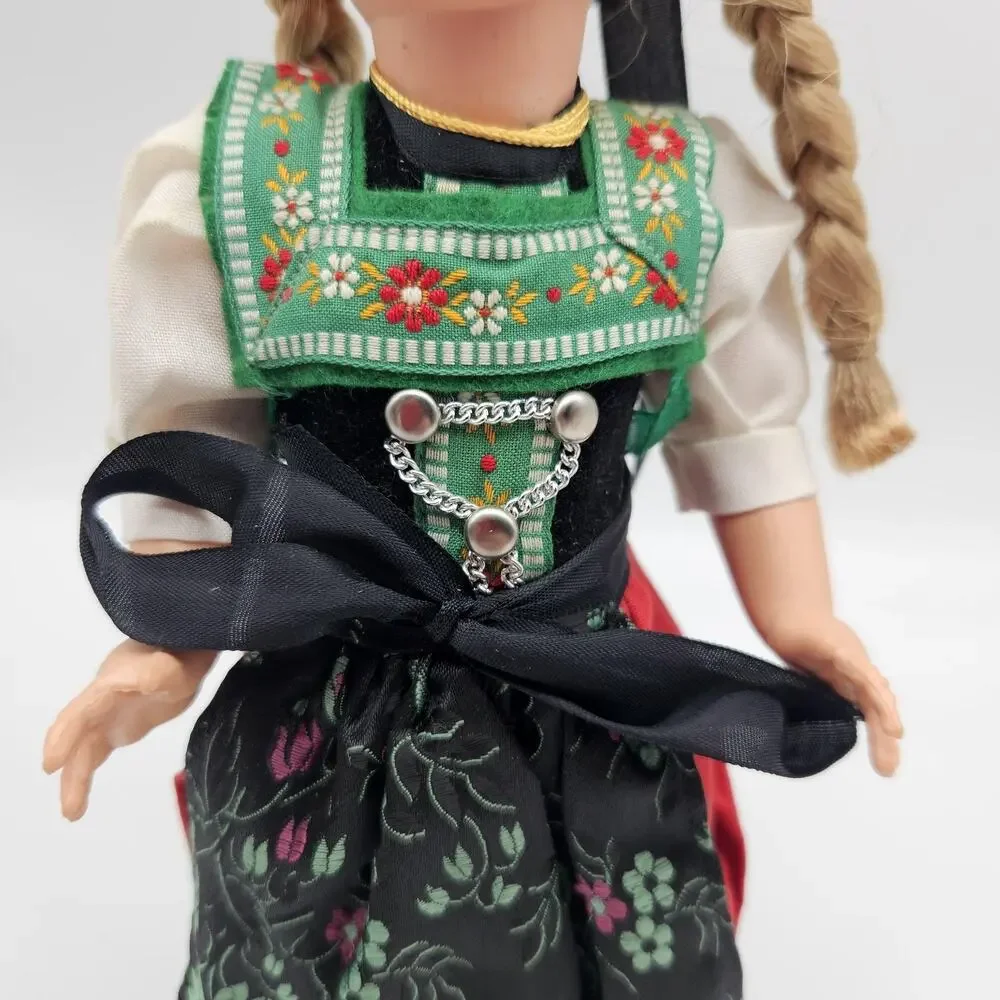 Vintage European Blonde Girl Doll Sleep Eyes Braids Folk Costume Red Dress 12 In